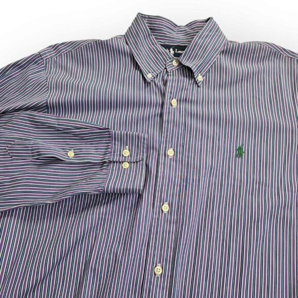 Ralph Lauren Custom Fit‎ Purple, Blue Striped Long Sleeve 16 | Large 100% Cotton